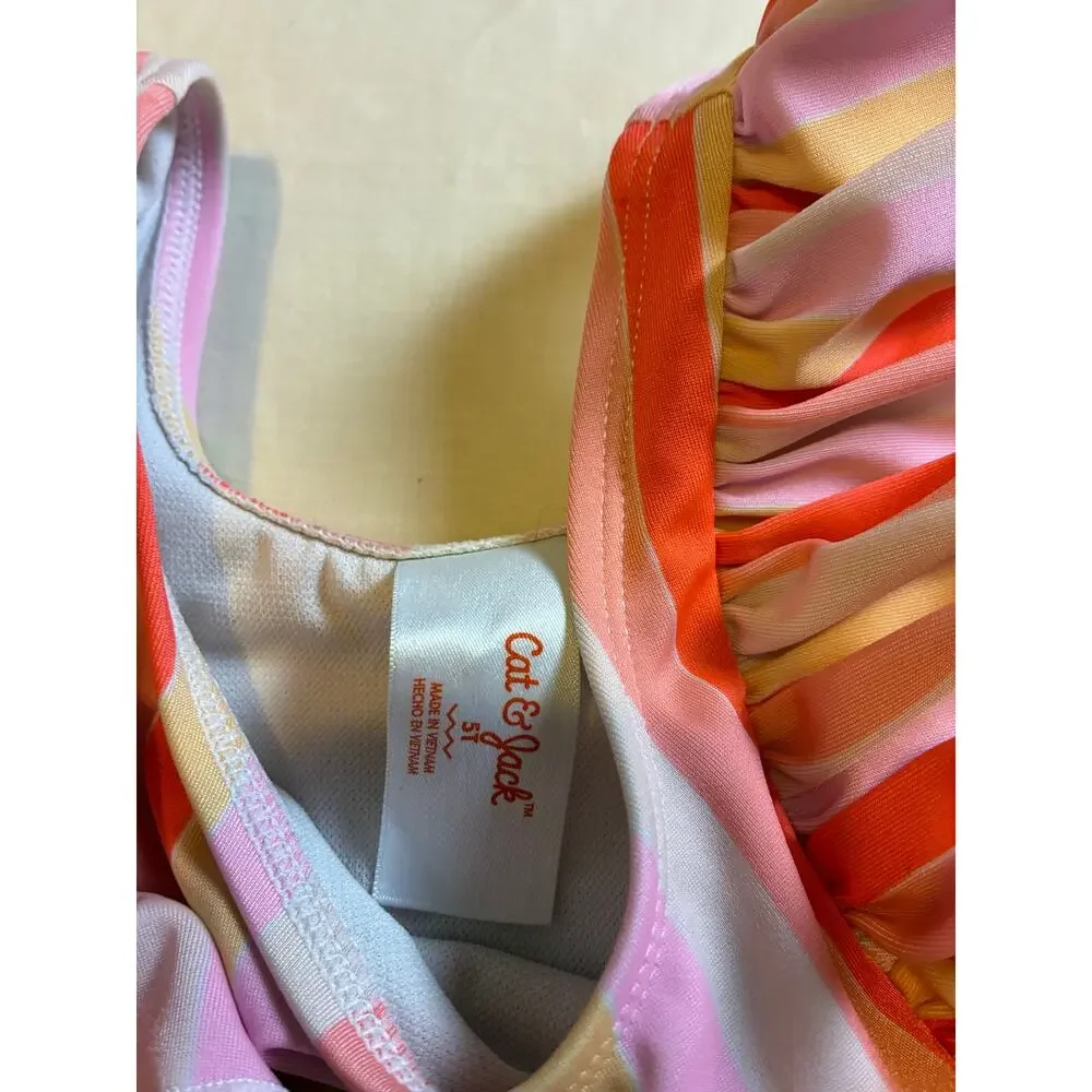 Cat & Jack 5T One Piece Swimsuit Pink Orange Stripe Ruffle Shoulder Swimwear
